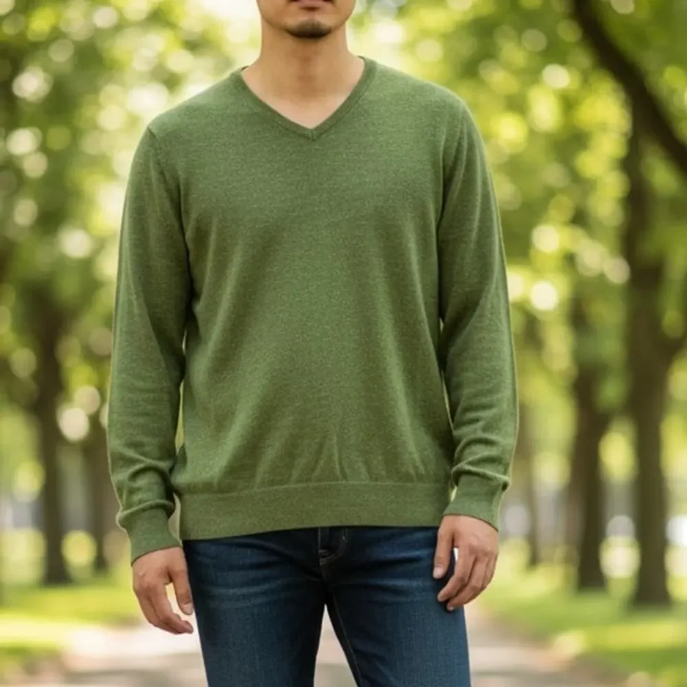 J. Crew Mens Breathable V Neck Long Sleeve Pullover Sweater Cotton L Green